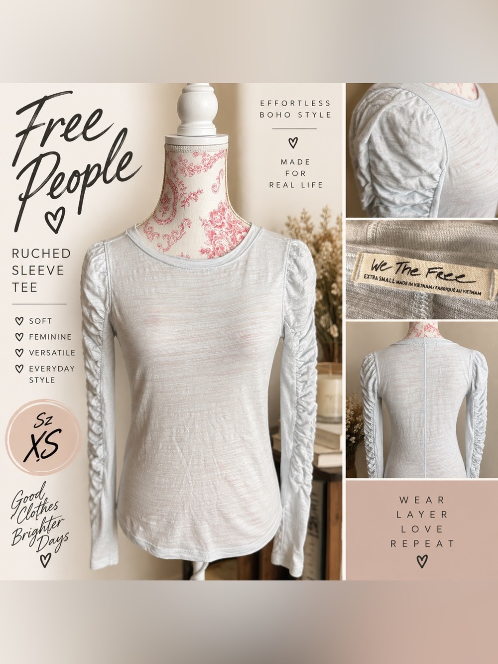 Free People We The Free Baby Blue Ruched Sleeve Long Sleeve Tee XS